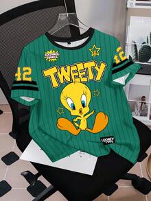LOONEY TUNES X SHEIN 女式休闲卡通字母条纹印花撞色领口短袖 T 恤，夏季 - 白色 - 查看 3