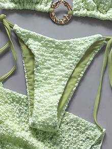 Bonvoyette 3pcs Spring/Summer Vacation Floral Textured Fabric Gold Asymmetrical Ring Decor Halter Triangle Bikini Top, Side Tie Bikini Bottoms & Sarong Sexy Women's Swimwear Set - Mint Green - View 4