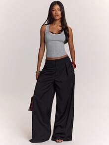 SHEIN BAE Top de tirantes sexy y elegante para mujer con patchwork de encaje gris, cuello cuadrado, estilo básico, para aeropuerto, casual, top de tirantes acanalado para vacaciones de verano - Gris Claro - Ver 4