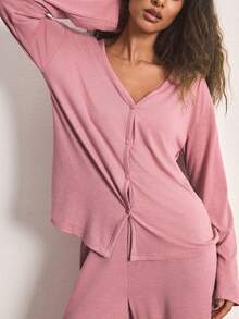 Ocili Minimalist Casual Comfortable Collarless Soft Pajama Set For Women Lounge Dusty Pink Autumn - Dusty Pink - View 6