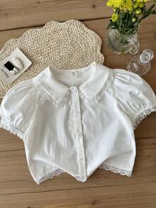 SHEIN 青少年女孩編織素色荷葉邊休閒泡泡袖襯衫 - 白色 - 查看 3