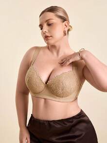 Hourtrue 1 buah Bra Lingerie Ukuran Plus dengan Renda Kontras, Nyaman, Tanpa Jahitan, Berkawat, Berbantalan, dan Bantalan yang Dapat Diatur, Mengangkat - Khaki - View 7