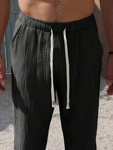 Genlund Men's Drawstring Waist Pockets Casual Solid Color Capri Cotton Pants Men Capri Short Drawstring Men Long Shorts Men Beach Pants Men Summer Pants Men Casual Shorts, Holiday Linen - Black - View 5