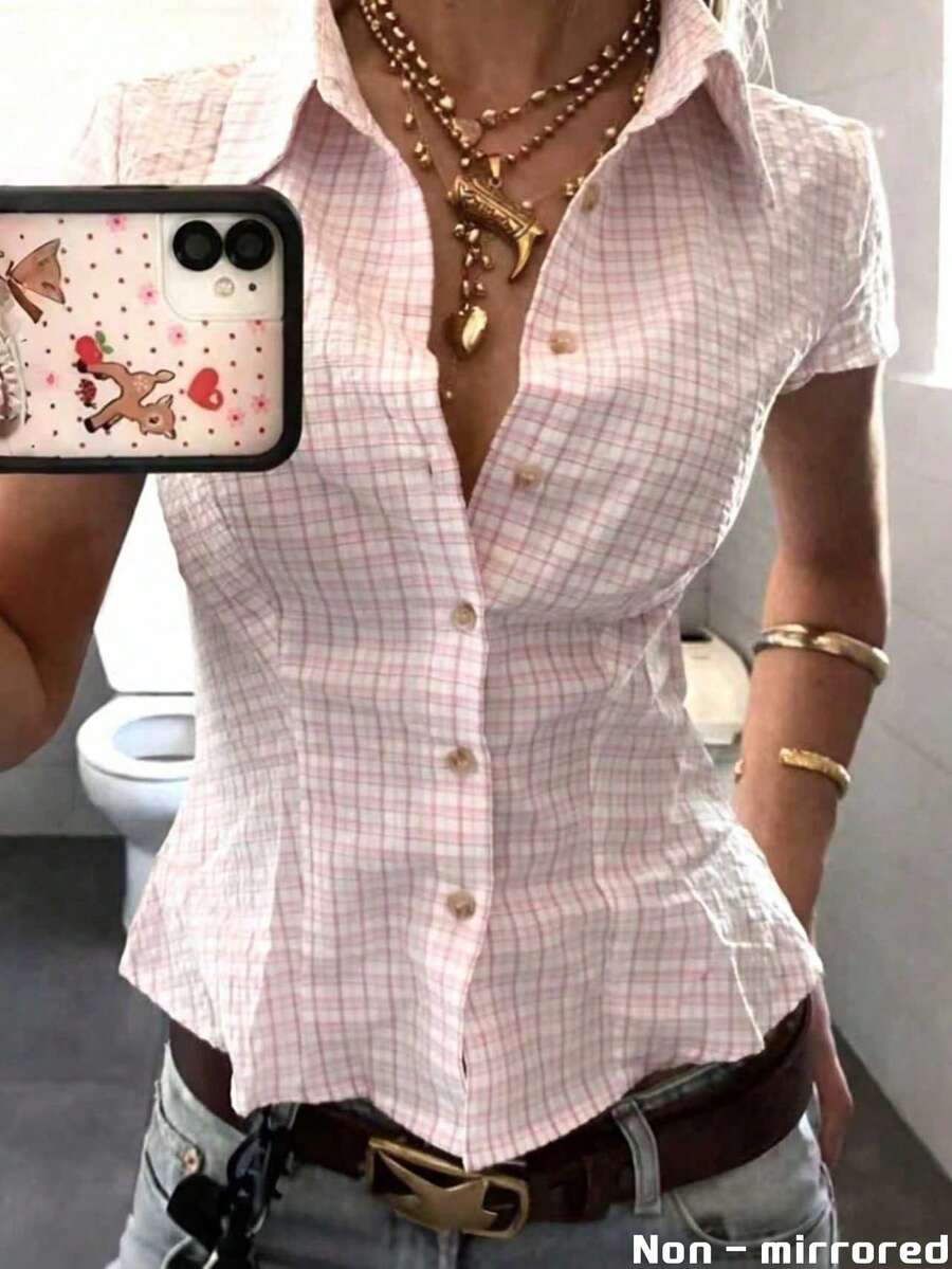 IslaSuriya 女士 Polo 领短袖修身衬衫 - 粉色 - 查看 1