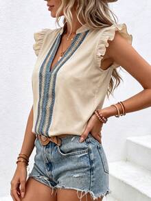 SHEIN Holidaya 女款V領拼色休閒波西米亞風百搭日常出遊襯衫 米色 夏季度假 - 杏色 - 查看 8