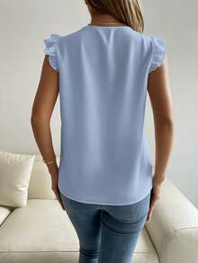 SHEIN Raffinéa Women's Solid Color Contrast Lace V-Neck Flutter Sleeve Blouse - Blue - View 2