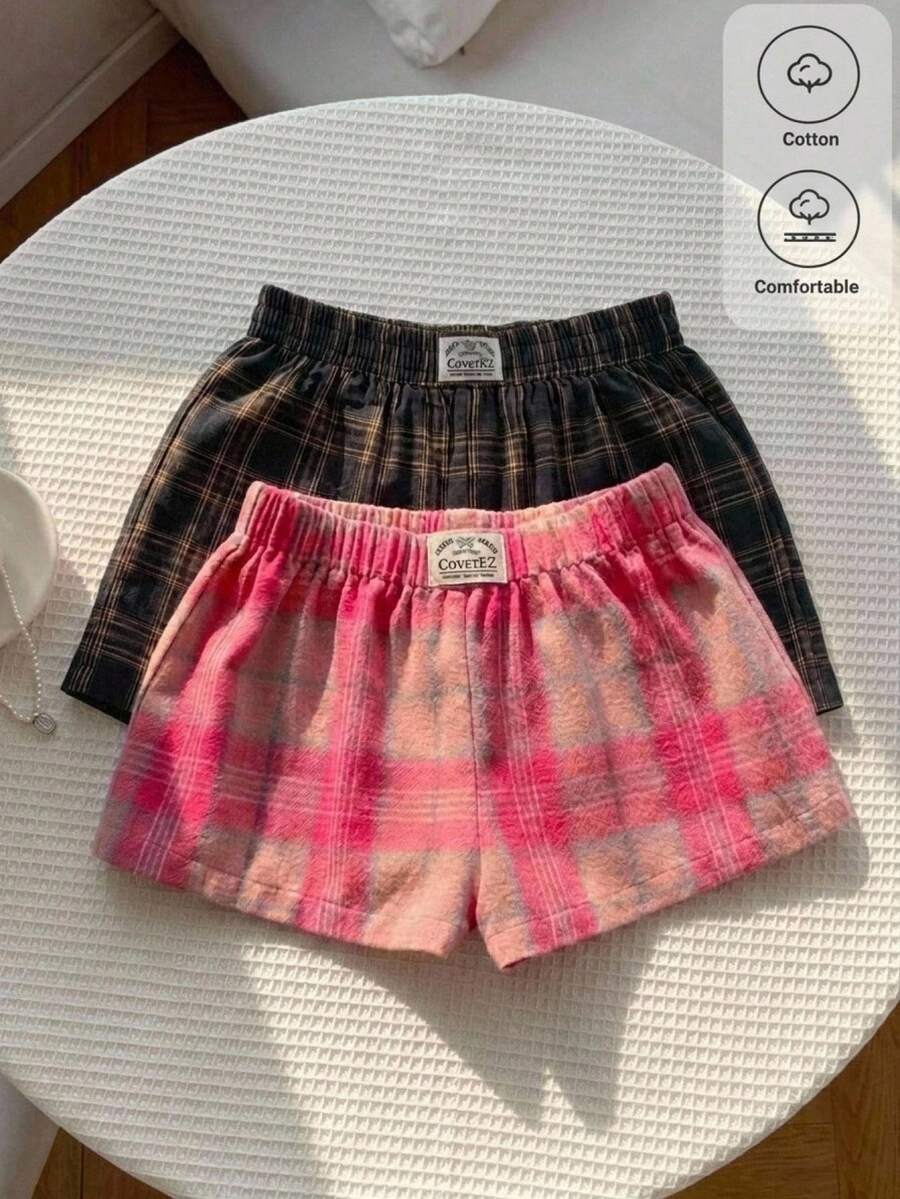 CovetEZ 女款2件組夏季休閒度假日常通勤補丁印花拼接裝飾彈性腰短褲 - 彩色 - 查看 1