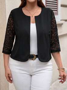 Reflora Plus Size Elegant Commuter Lace Patchwork Jacket Fall - Black - View 3