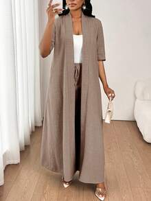 SHEIN Tall CURVE Plus Size Casual Traditional Elegant Commuter Lounge Vacation Solid Color Long Jacket And Pants 2 Pieces Set Evening Business Formal Autumn Fall - Khaki - View 6
