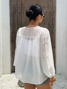 Dazy Plus Textured Fabric V-Neck Tie Front Cover Up Lantern Sleeve Long Sleeve White Semi-Sheer Spring/Summer Plus Size Women's White Shirt - White - View 7