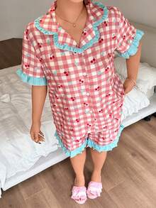 Dream Adore Women's Plus Size Cherry Heart Print Short Sleeve & Shorts Pajama Set, Ruffle Trim, Cute Style, Summer Season, Suitable For Home And Outdoor Wear - Pink - View 4