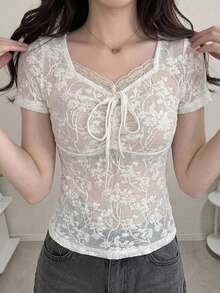 FRIFUL 女款夏季休閒素色提花T恤 - 杏色 - 查看 3