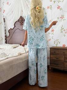CottageSlumber Floral Print Lapel Short Sleeve Long Pants Pajama Set - Baby Blue - View 2