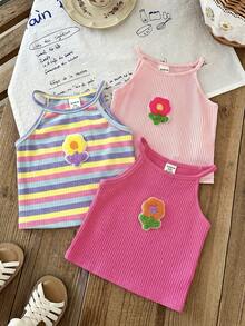 SHEIN LMoss Kids Baby Girl 3pcs Set Knit Solid Color 3D Flower Patchwork Striped Pullover - Watermelon Pink - View 5