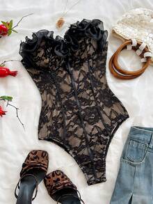 Soleia Bustier Renda Hitam untuk Liburan Ukuran Plus - Hitam - View 1
