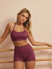 Aralina Leisurewear Active Women's 2pcs Polka Dot Halterneck Crop Top And Short Gym Workout Two Pieces Set - Red Violet - View 9