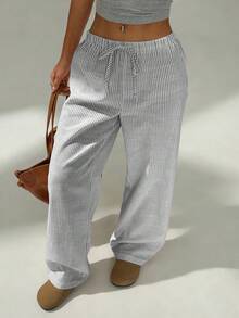 SHEIN Tall CURVE Pantalon long ample et polyvalent à jambes larges avec taille à cordon de serrage et rayures pour femmes grandes tailles - Bleu marine - Voir 6