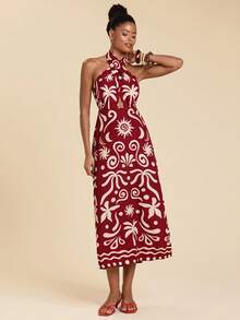 Travachic Vacation Casual Tropical All-Over Print Backless Halter Neck Dress,Summer,Beach Vacation,Elegant,Vacation Burgundy - Red - View 6