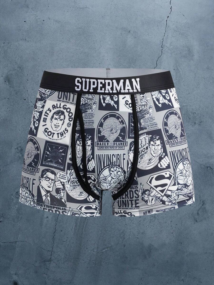 SUPERMAN X SHEIN Men's Letter Print Casual Comfortable Flat Front Shorts - Grey - View 1