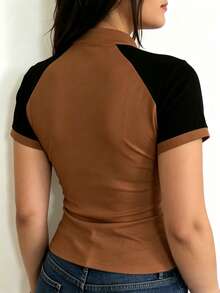 INAWLY Women's Stand Collar Zipper Half Placket Raglan Sleeve Slim Fit Short Sleeve T-Shirt - Multicolor - View 2