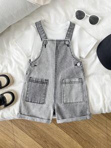 SHEIN Playful Pals Baby Boys Denim Overalls, All-Season, Mid-Blue Denim Color, Preppy Style, Simple, Casual & Comfortable, Patchwork Contrast Design, Soft Cotton Denim, Comfortable For Daily Wear, Travel, 2026 New Arrival - Light Grey - View 8
