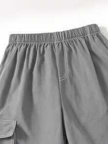 SHEIN 兒童青少年男孩休閒日常百搭舒適口袋對比縫線寬鬆直筒工裝梭織長褲，適合秋冬季節，黑色牛仔褲，工裝褲 - 灰色 - View 3