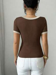 Elenzga Camiseta casual de mujer de cuello redondo y manga corta con contraste de color acanalado - Marrón - Ver 4