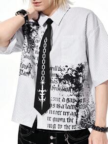 ROMWE MEN Goth 男士短袖衬衫，哥特风印花+黑色领结设计，开襟纽扣休闲衬衫，适合夏季日常休闲、学院风、街头风等场合 - 彩色 - 查看 2