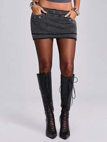 ACID BLVD Summer Vacation Y2K Hot Girl Metallic Eyelet Washed Bodycon Mini Skirt - Grey - View 8
