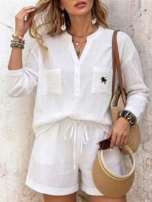 Vaclyn Plus Size Women's Notch V-Neck Knight Print Long Sleeve Top And Shorts Casual Everyday Set Vacation White Autumn Beach - White - View 3