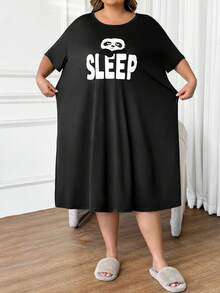 SHEIN CURVE+ Plus Size Women Round Neck Letter & Panda Print Casual Party Dress - Black - View 6
