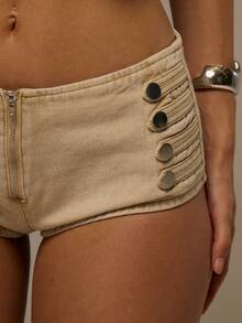 MUSERA Low Rise Military Detail Washed Denim Fitted Mini Shorts Hotpants Spring Summer Festival Vacation Ibiza Holiday Rave Sexy Y2k Utility Siren - Khaki - View 6