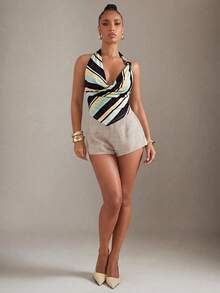 Hauture Women's Striped Asymmetric Hem Draped Neck Ruffle Top - Multicolor - View 5