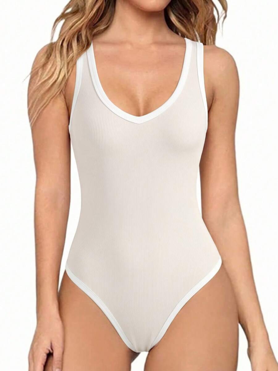 Franclia Women's Sleeveless Contrast Trim Bodysuit - Apricot - View 1