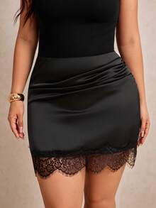 Elaquor Plus Size Autumn Elegant Lace Patchwork Skirt Elegant Black Lace Trim Party Gym Skirt Elegant Daily Going Out Skirt Graduation Skirt For Women Fall - Black - View 5