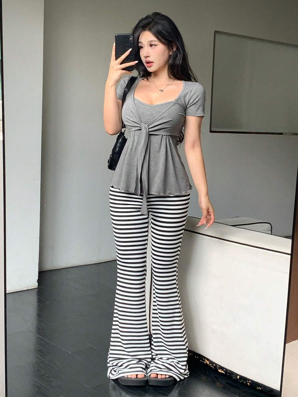 Autumn Bow Tie Cardigan Jacket Camisole Tank Top Cropped Top Black And White Flared Pants 3pcs Casual Home Holiday Long Sleeve Set Loungewear Summer