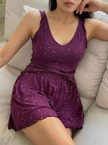 DAZY 舒適碎花無袖背心與短款睡褲 2 件組 夏季女款睡衣套裝 - 紫色 - 查看 4