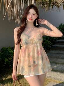 DAZY 女款度假休閒夏季全花卉印花寬鬆長袖圓領襯衫 - 粉色 - 查看 4