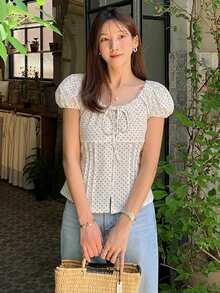 DAZY Women's Solid Color Fitted Short Sleeve Blouse With Puff Sleeves, Pink, Spring/Summer - Apricot - View 6
