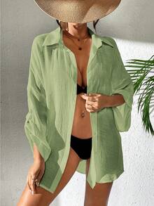SHEIN Swim Women's Solid Color Single-Breasted Casual Daily Outing Kimono Shirt - Mint Green - View 1