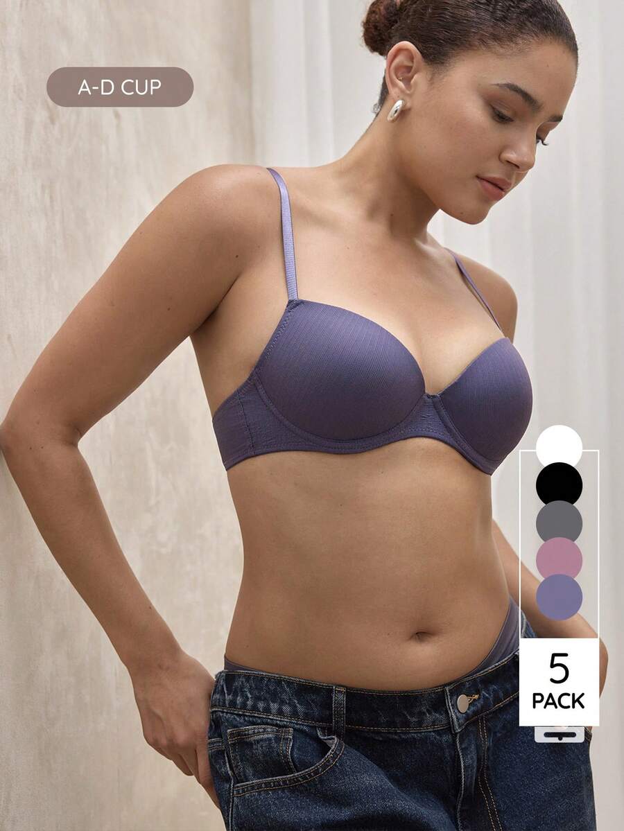 Bralution Áo ngực nữ trơn màu đơn giản và thoải mái (có gọng, 5 chiếc/bộ) - Nhiều màu - Xem 1