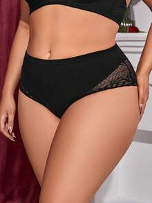 Divavoom Plus Size Black Plain Contrast Lace High Waisted Panties With Medium Stretch Fabric For Women - Black - View 4