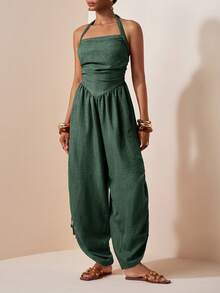 Zivah Jumpsuit Wanita Warna Polos untuk Liburan, Model Liburan, dengan Lipit di Bagian Bawah, Tali Serut, dan Leher Halter. - Hijau Tentara - View 12