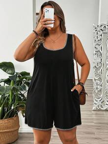 Comfylo Casual Shell Flower Contrast Craft Plus Size Women's Square Neck Tank Top Jumpsuit Suitable For Summer, Black Jumpsuit - Black - View 4
