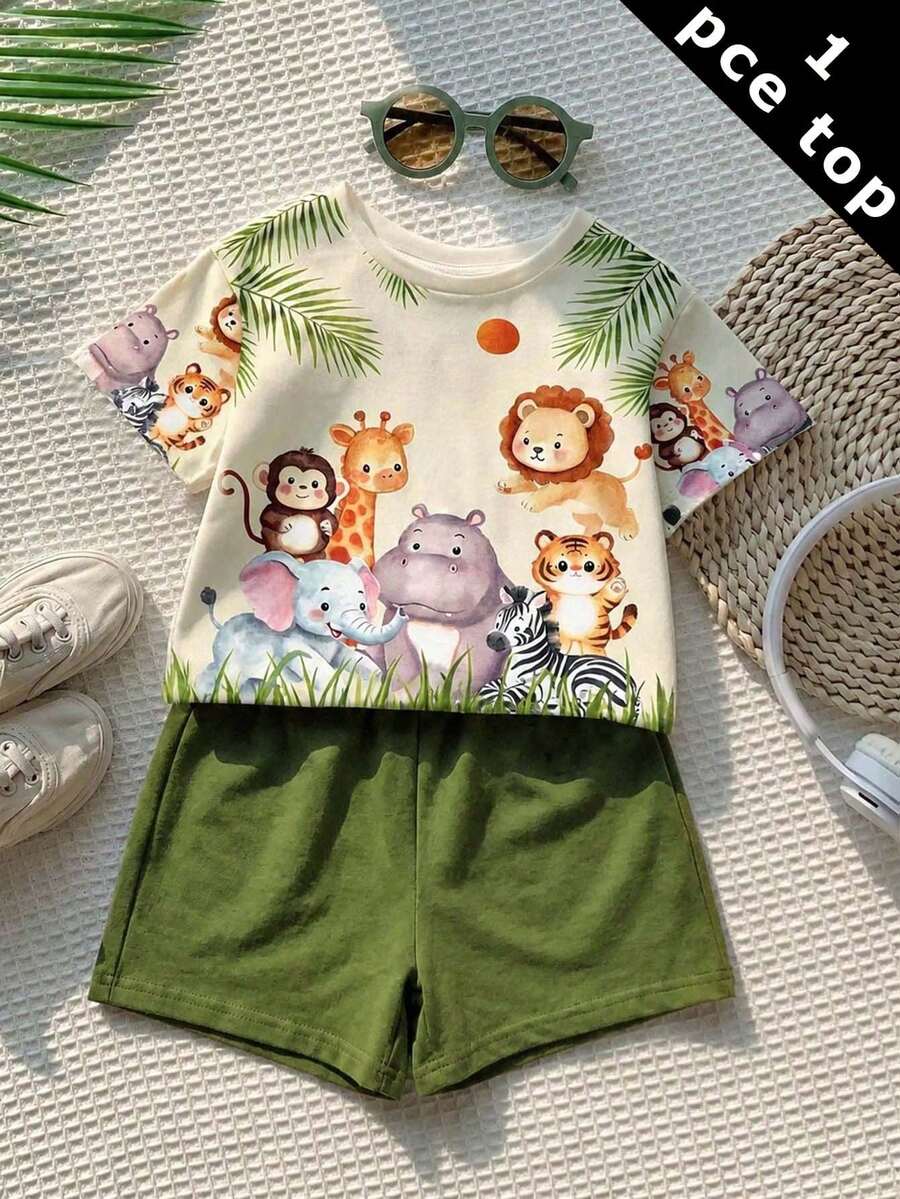男嬰休閒簡約上衣,適合春夏穿著,經典可愛卡通動物印花圖案,獅子、河馬、斑馬、老虎、猴子、長頸鹿印花圖案 - 彩色 - 查看 1