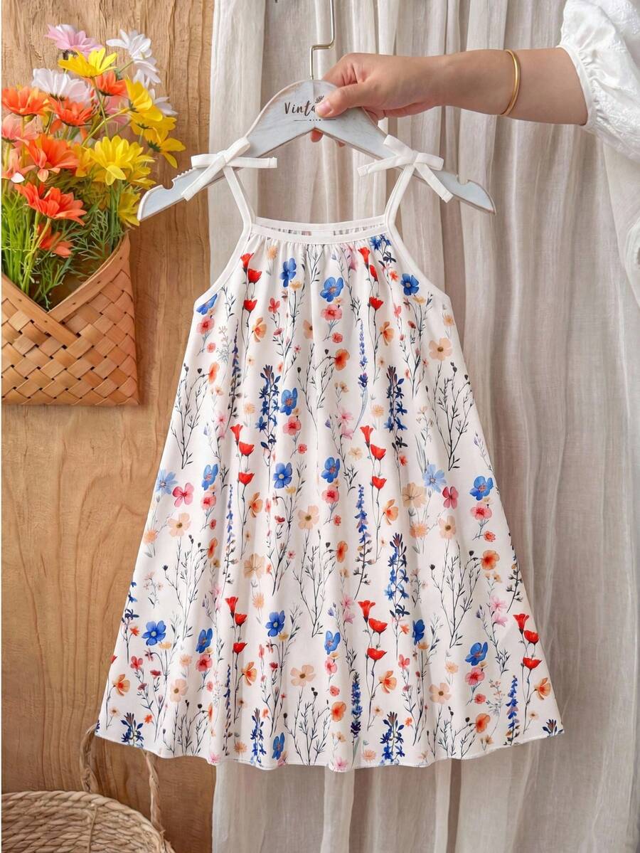SHEIN 少女花卉印花下擺休閒度假細肩帶A字洋裝