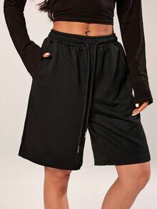 SHEIN PETITE 2026 女款春夏黑色綁腰休閒短褲，適合派對與日常穿著 - 黑色 - 查看 1