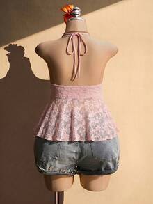 SHEIN ICON Plus Size Knit Halter Neck Shell Tassel Decor Babydoll Backless Tank Top - Pink - View 3