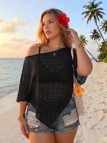 SHEIN ICON 大尺碼女款不對稱肩設計休閒百搭日常上衣 - 黑色 - 查看 1