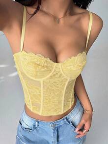 SHEIN PETITE 蕾絲透視束腰上衣 淡黃色 夏季 70年代風 舞廳夜店 派對迪斯可 無肩帶細肩帶上衣 可愛內衣式上衣 約會 通勤 小碼女款 - 鵝黃色 - 查看 5